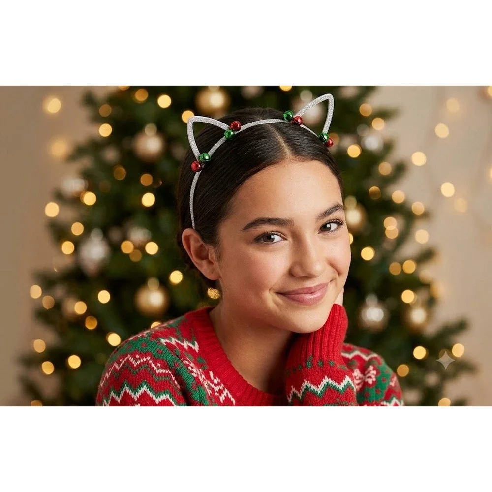Justice Girls Silver Glitter Cat Ear Headband Red Green Holiday Jingle Bells NEW